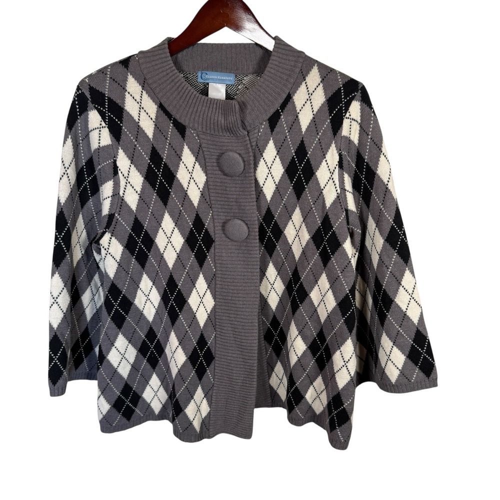 Classic Elements Grey Argyle Dark Academia Cardigan‎ Sweater Sz Lg Whimsey Goth